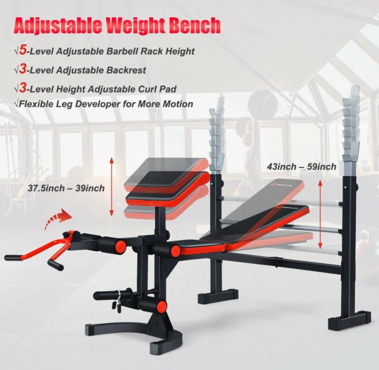 Heavy Duty Modern Adjustable Olympic Weight Bench For Full-Body Workout, Strength Training | Multiple Ways To Get, Stay Fit | Thickened Cushion