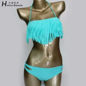 HELLO BEACH Tassel Swimwear Bikini Set Women Swimsuit Bandeau Bikini Fringe Biquini Brazilian Bathing Suit Girl Swimwear biquine