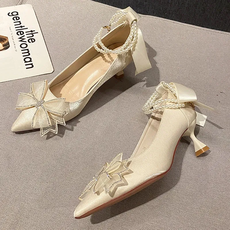 Hnzxzm Crystal Bow High Heels Shoes Women Pointed Toe Pearl Ankle Strap Pumps Woman Fashion Silk Thin Heels Party Shoes Female