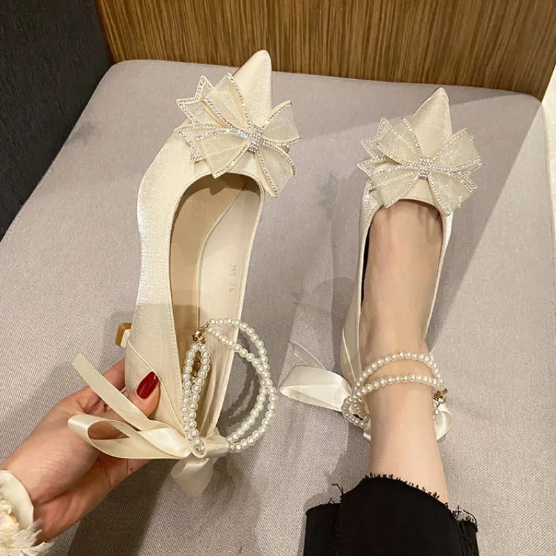 Hnzxzm Crystal Bow High Heels Shoes Women Pointed Toe Pearl Ankle Strap Pumps Woman Fashion Silk Thin Heels Party Shoes Female