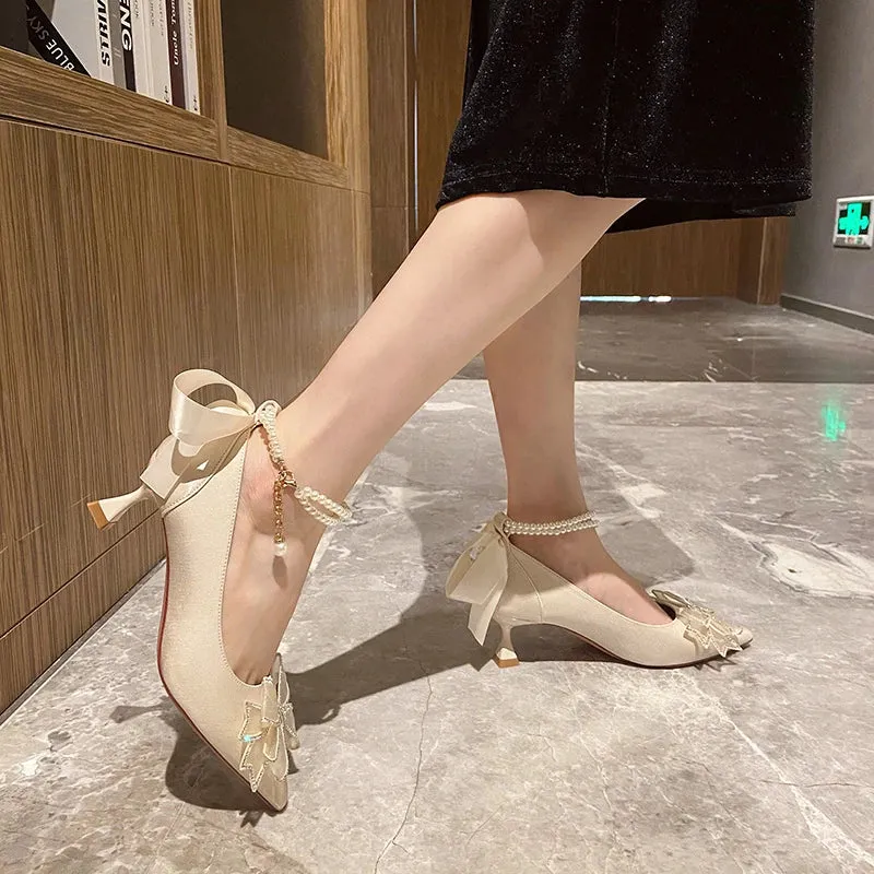 Hnzxzm Crystal Bow High Heels Shoes Women Pointed Toe Pearl Ankle Strap Pumps Woman Fashion Silk Thin Heels Party Shoes Female