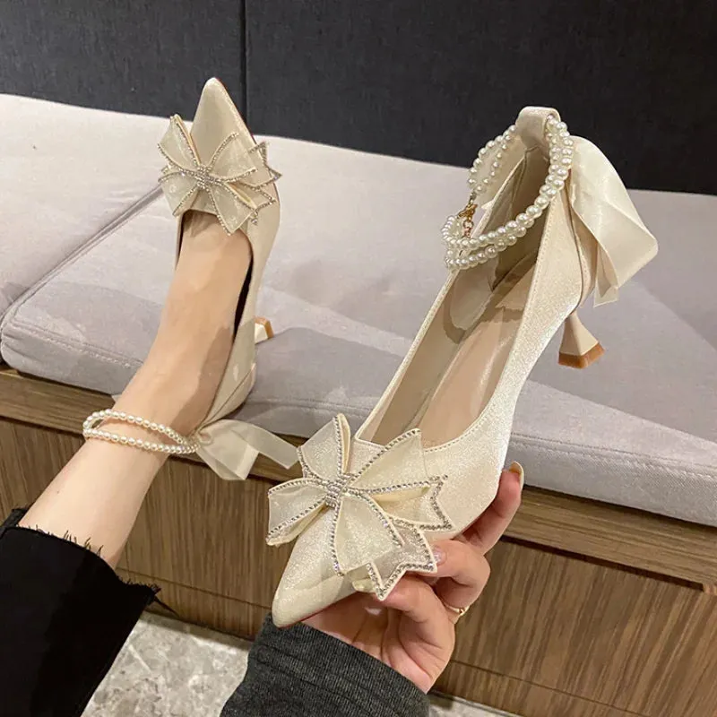 Hnzxzm Crystal Bow High Heels Shoes Women Pointed Toe Pearl Ankle Strap Pumps Woman Fashion Silk Thin Heels Party Shoes Female