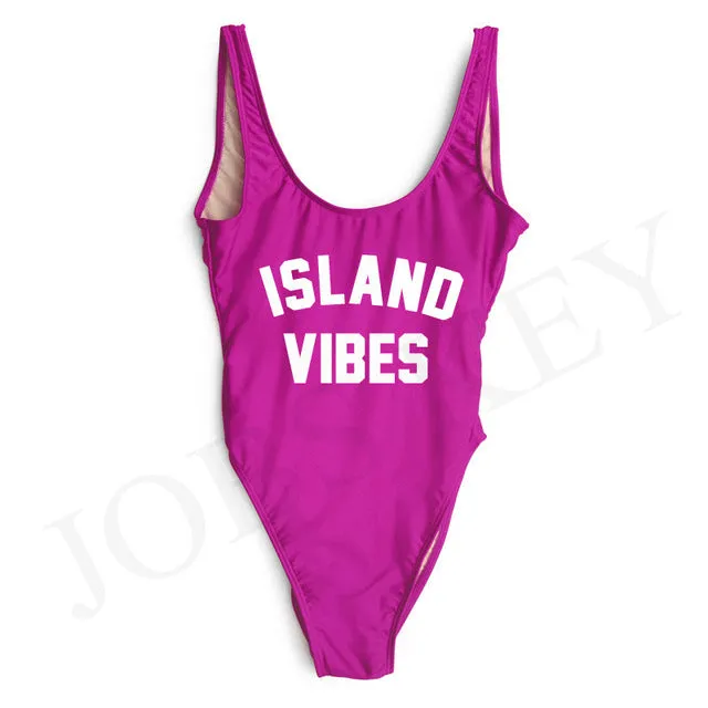 ISLAND VIBES Letter Women Swimsuit 2017 Sexy Low Back High Cut Swimwear Kids Bathing Beachwear Girls One Piece Black Bodysuit