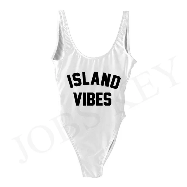 ISLAND VIBES Letter Women Swimsuit 2017 Sexy Low Back High Cut Swimwear Kids Bathing Beachwear Girls One Piece Black Bodysuit