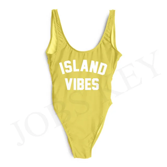 ISLAND VIBES Letter Women Swimsuit 2017 Sexy Low Back High Cut Swimwear Kids Bathing Beachwear Girls One Piece Black Bodysuit