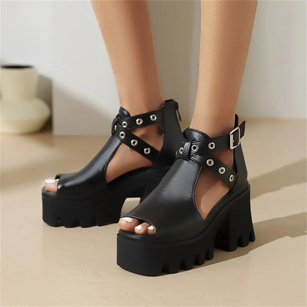 Joskaa 2024 Cool Leisure Zipper Gladiator Black Gothic Square Heels Brand New Summer Thick Platform Shoes Sandals Woman Large Size 45