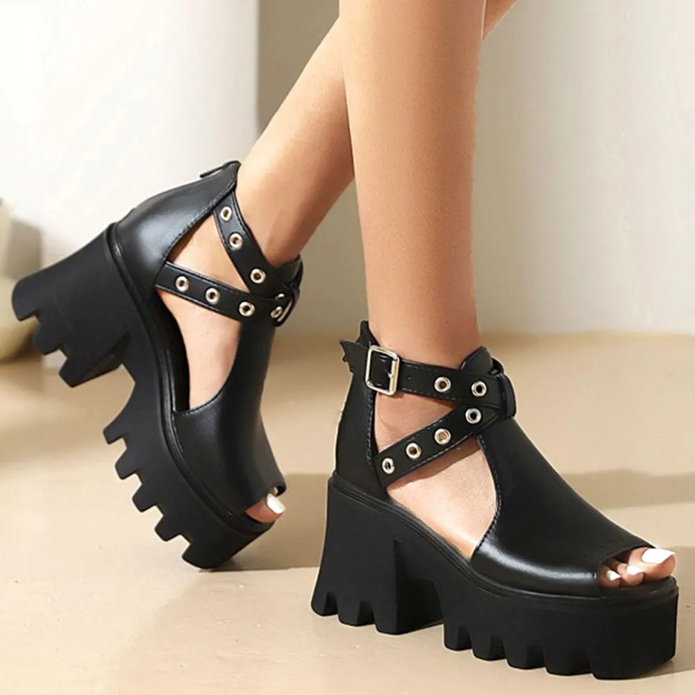 Joskaa 2024 Cool Leisure Zipper Gladiator Black Gothic Square Heels Brand New Summer Thick Platform Shoes Sandals Woman Large Size 45