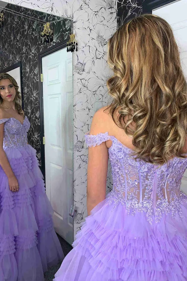 Lavender Off the Shoulder Sweetheart Lace Corset Ruffle Prom Dress PSK471