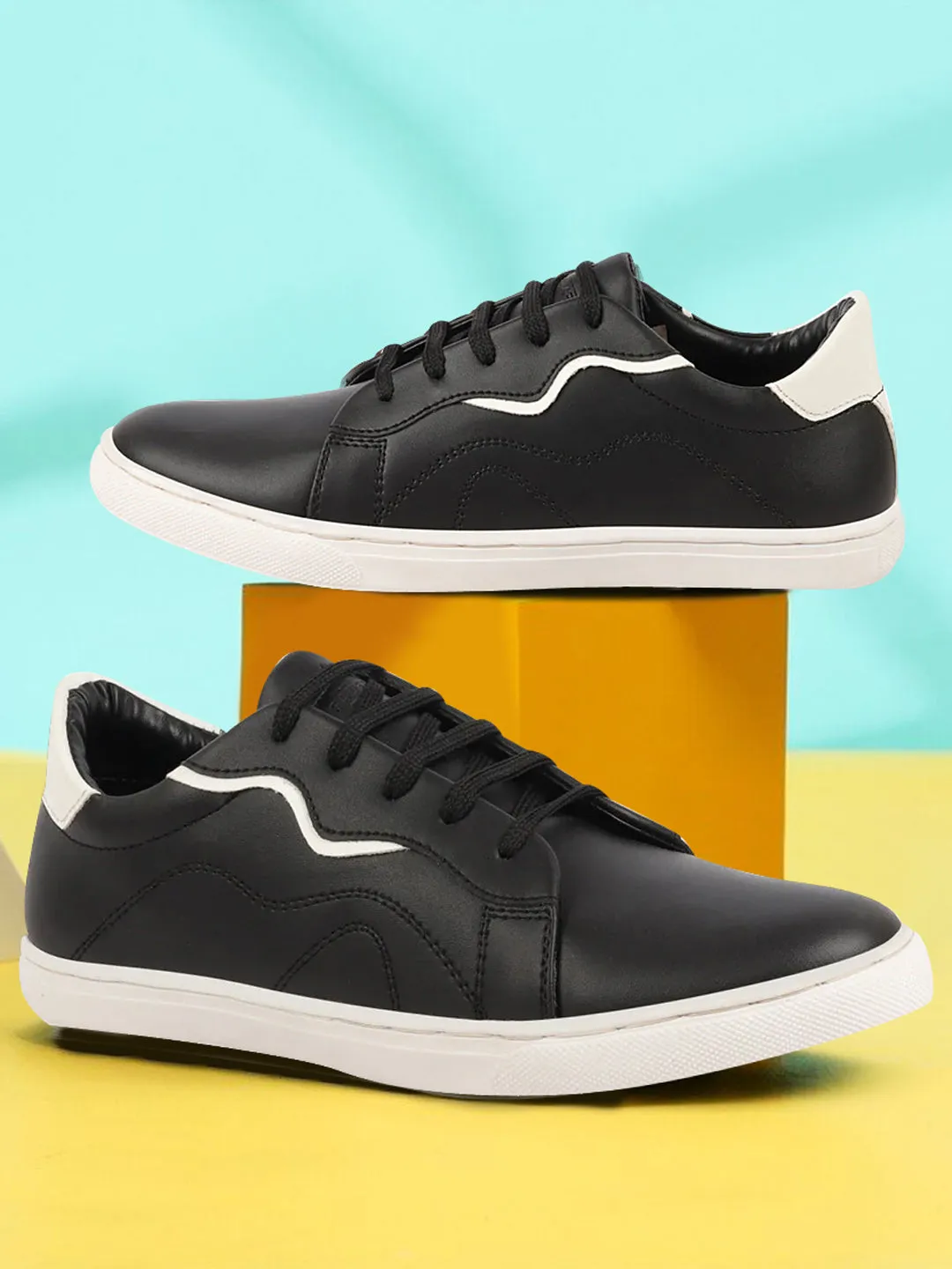 Men Black Classic Lace Up Elevated Look Sneaker Shoes with Contrast Sole|Low Ankle|Casual Shoe