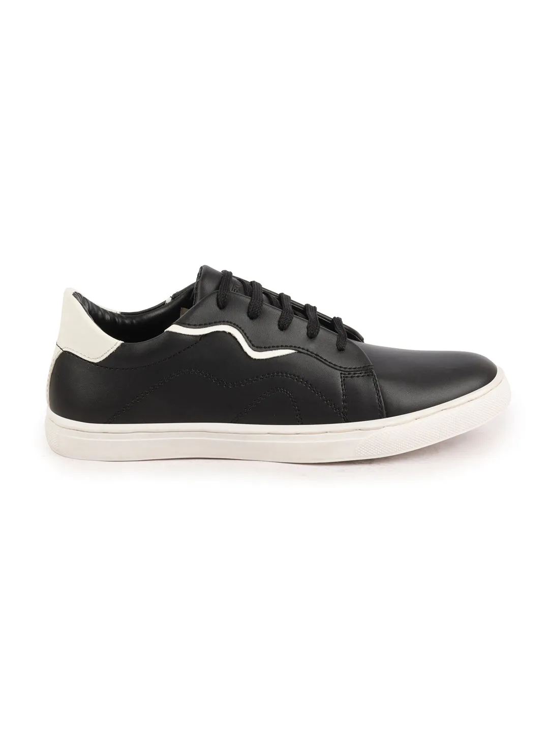 Men Black Classic Lace Up Elevated Look Sneaker Shoes with Contrast Sole|Low Ankle|Casual Shoe