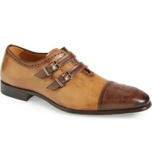 Men's Double Monk Straps Shoes, Beige Brown Handmade Designer Cap Toe Brogue Shoes