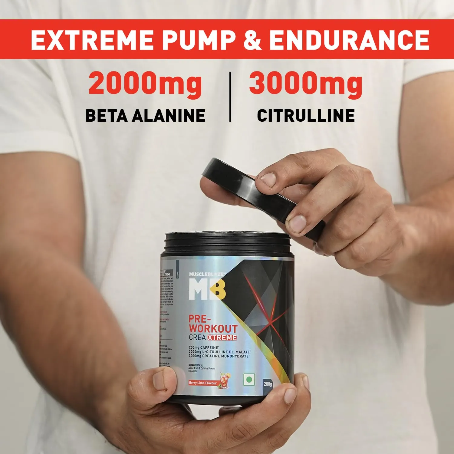 MuscleBlaze Pre Workout Crea-Xtreme (Berry Lime, 200g, 20 Servings) | 3000 mg Creatine Monohydrate, 200mg Caffeine, 200mg Theanine, 2000mg Beta Alanine