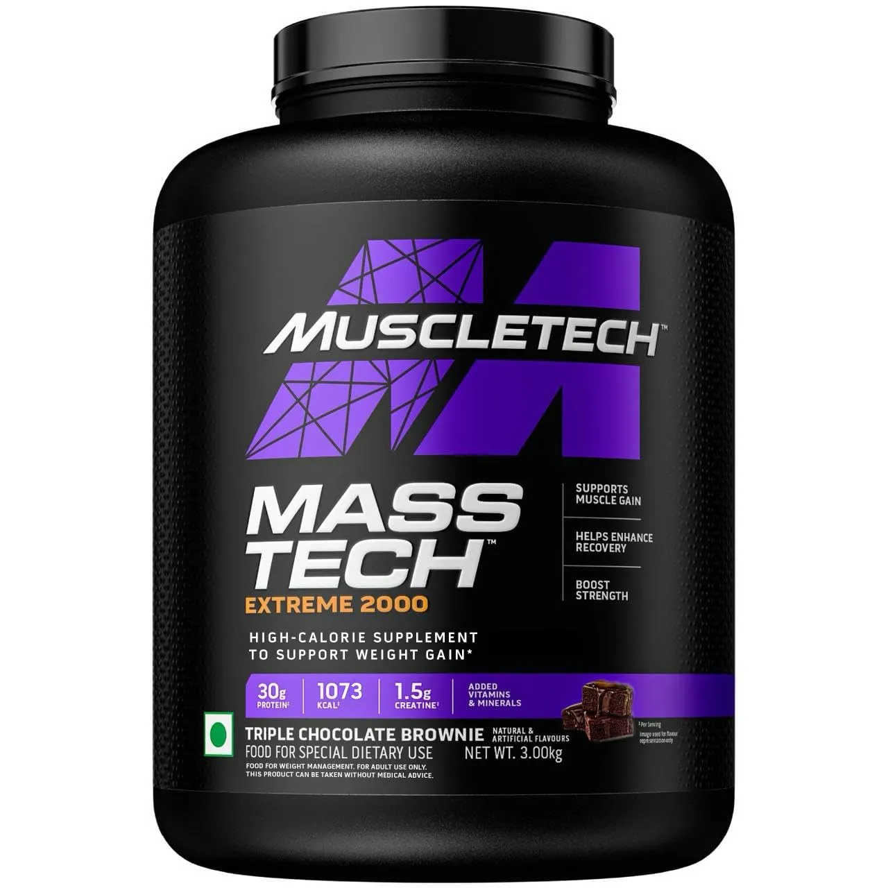 MuscleTech Veg Mass Gainer-Triple Chocolate Brownie (3Kg Powder(10 Servings)-MassTech Extreme 2000 High Protein Food For Weight Gainer (30g Protein, 1073 Kcal,1.5g Creatine & Added Vitamin,Minerals)