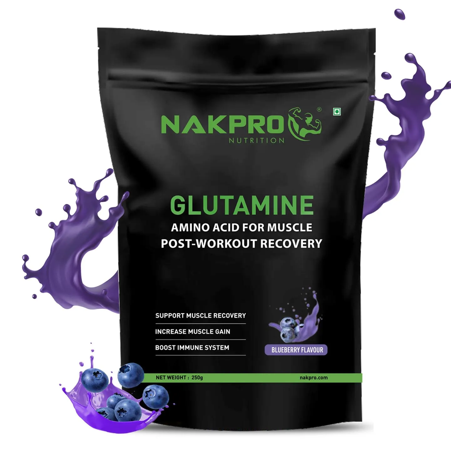 Nakpro L-Glutamine Powder | 4g Glutamine Per Serving, 50 Servings | Post Workout Amino Acid Supplement for Muscle Growth and Recovery (Blueberry, 250g)