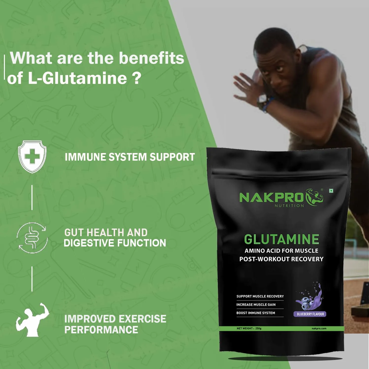 Nakpro L-Glutamine Powder | 4g Glutamine Per Serving, 50 Servings | Post Workout Amino Acid Supplement for Muscle Growth and Recovery (Blueberry, 250g)