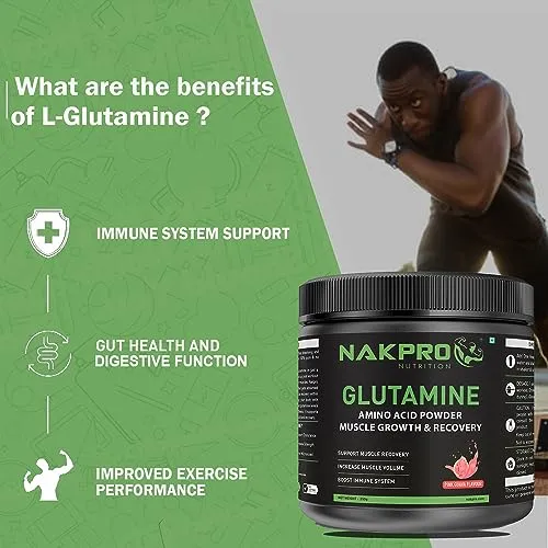 Nakpro L-Glutamine Powder - JAR | 4g Glutamine Per Serving, 50 Servings | Post Workout Amino Acid Protein Supplement for Muscle Growth and Recovery (Pink Guava, 250g)