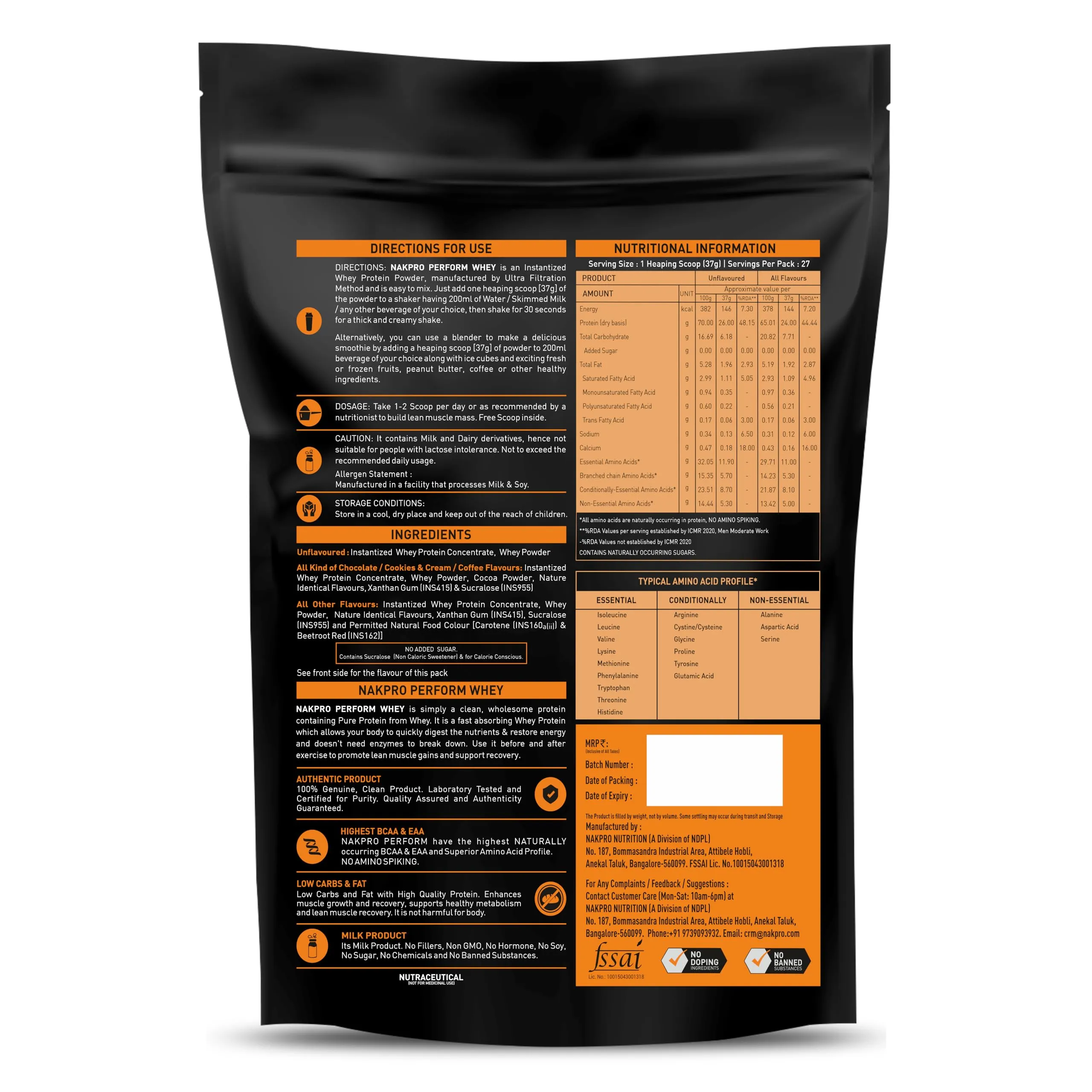 NAKPRO Perform Whey Protein Concentrate | 26g Protein, 5.7g BCAA per Serving | Muscle Recovery Workout Drink, Lean Muscle Growth (1 Kg, Unflavoured)