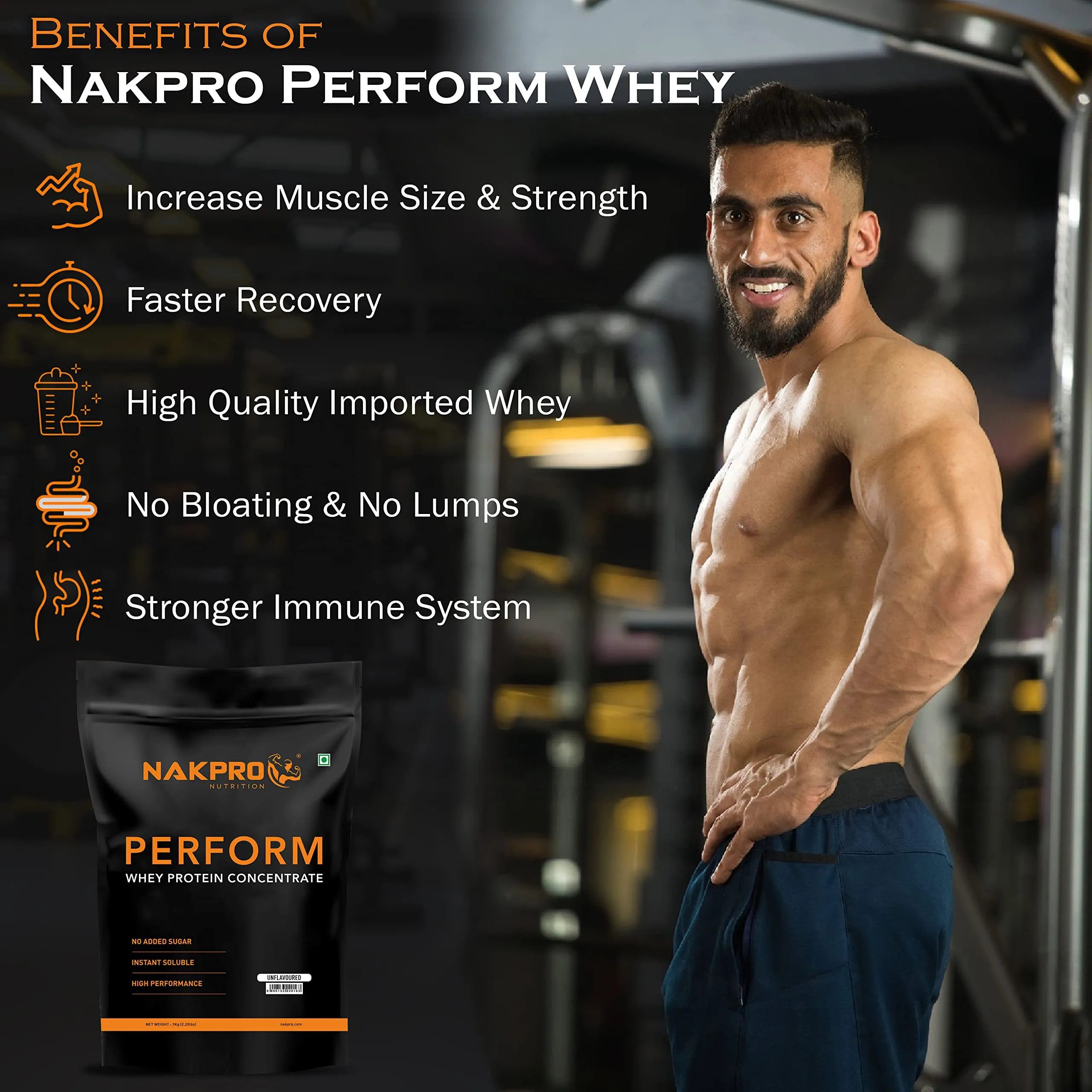 NAKPRO Perform Whey Protein Concentrate | 26g Protein, 5.7g BCAA per Serving | Muscle Recovery Workout Drink, Lean Muscle Growth (1 Kg, Unflavoured)