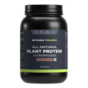 Nutrabay Wellness All Natural Plant Protein (24g Vegan Protein - Pea Protein Isolate & Brown Rice Protein) with Stevia, Digestive Enzymes & Vitamins Minerals - 1 kg Gourmet Chocolate