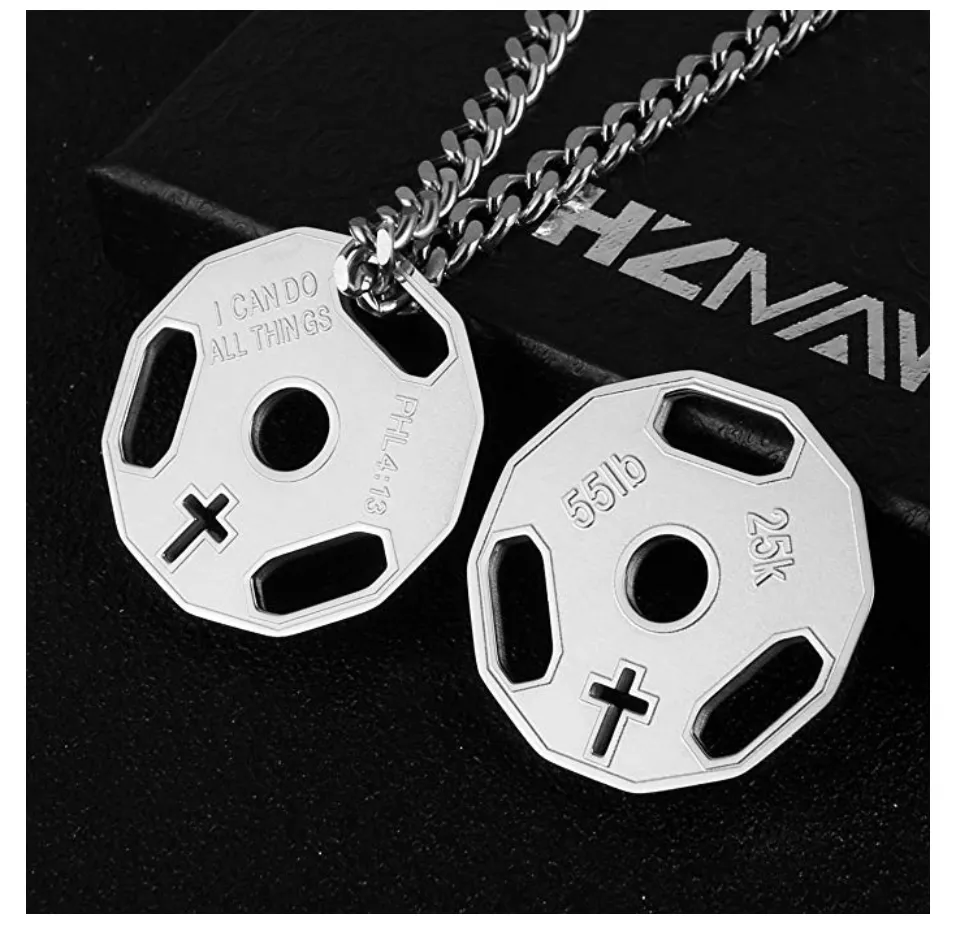 Philippians 4:13 Weight Plate Cross Barbell Necklace Dumbbell Bodybuilding Exercise Workout Pendant Mr. Olympia Chain Gold Stainless Steel 24in.