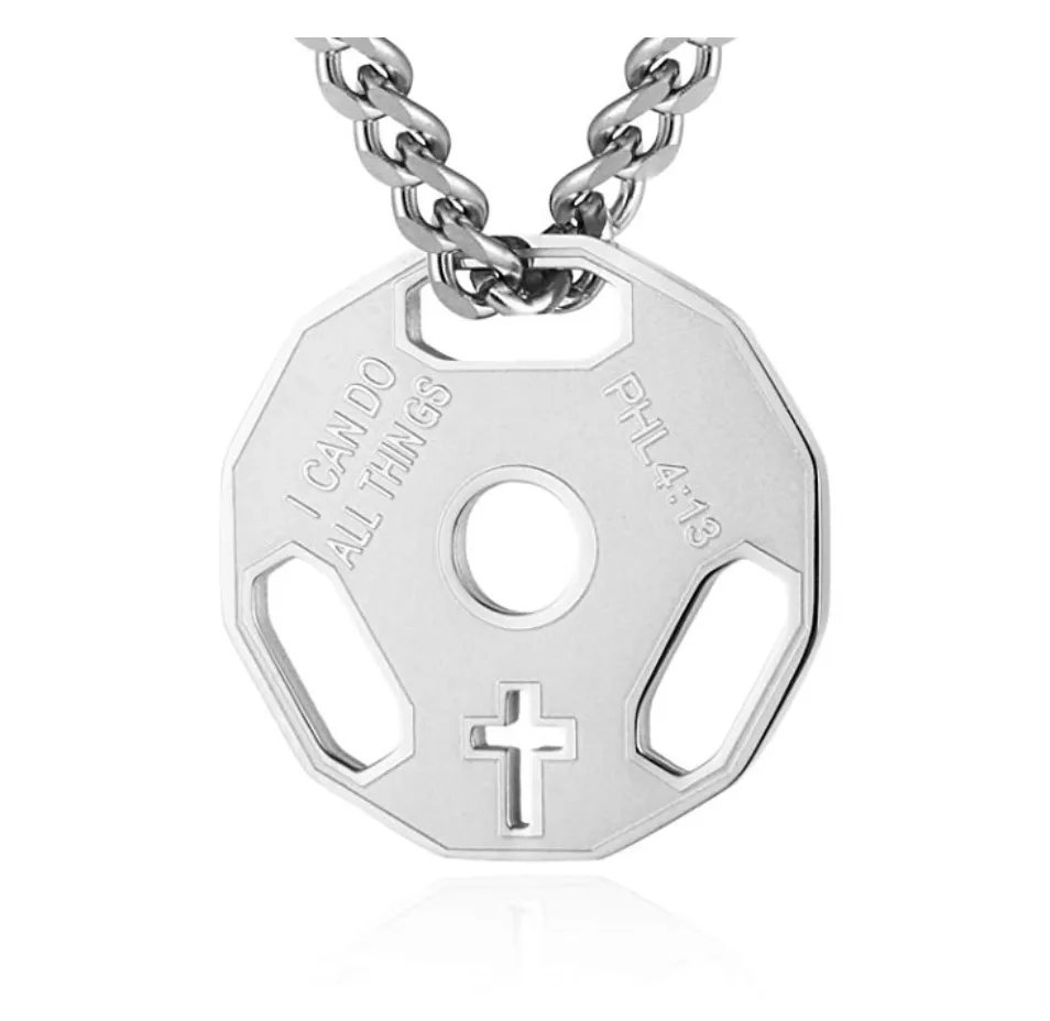 Philippians 4:13 Weight Plate Cross Barbell Necklace Dumbbell Bodybuilding Exercise Workout Pendant Mr. Olympia Chain Gold Stainless Steel 24in.