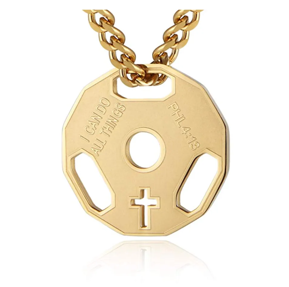 Philippians 4:13 Weight Plate Cross Barbell Necklace Dumbbell Bodybuilding Exercise Workout Pendant Mr. Olympia Chain Gold Stainless Steel 24in.