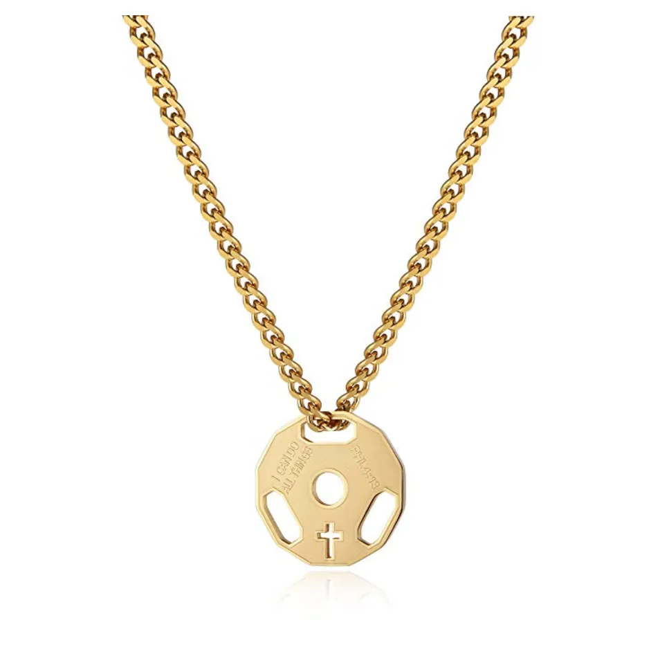 Philippians 4:13 Weight Plate Cross Barbell Necklace Dumbbell Bodybuilding Exercise Workout Pendant Mr. Olympia Chain Gold Stainless Steel 24in.