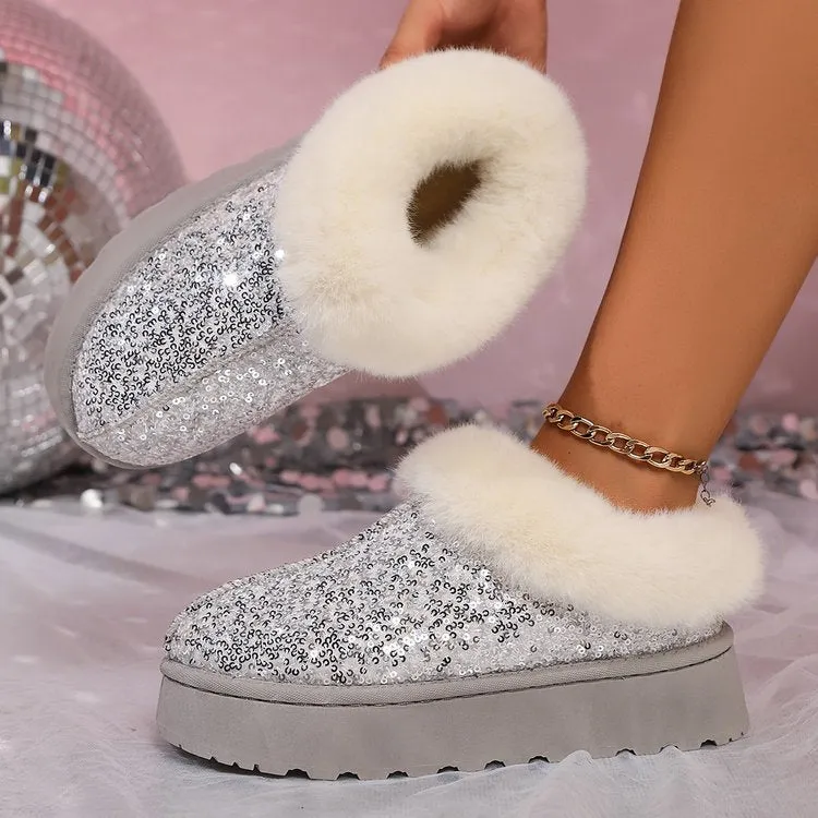 Plus Size Sequined Thick Furry High Tube Short 2024 Winter Shoes