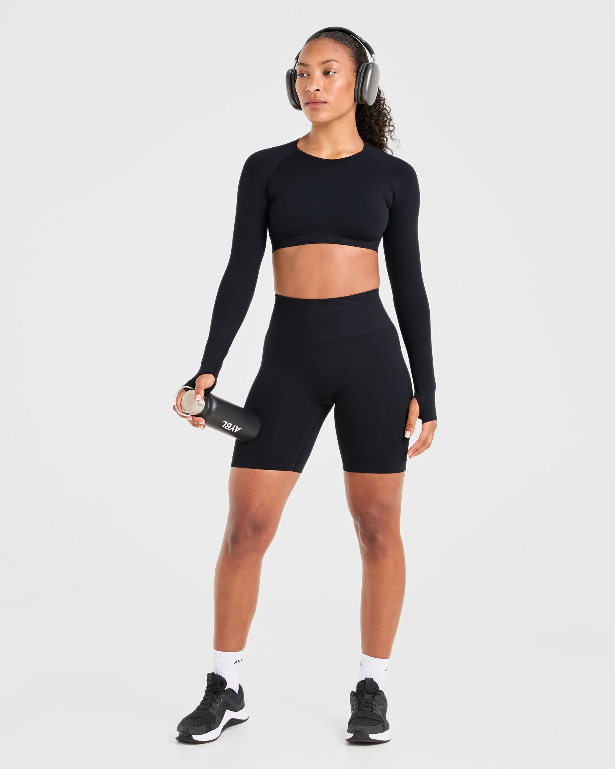 Power Seamless Long Sleeve Crop Top - Black