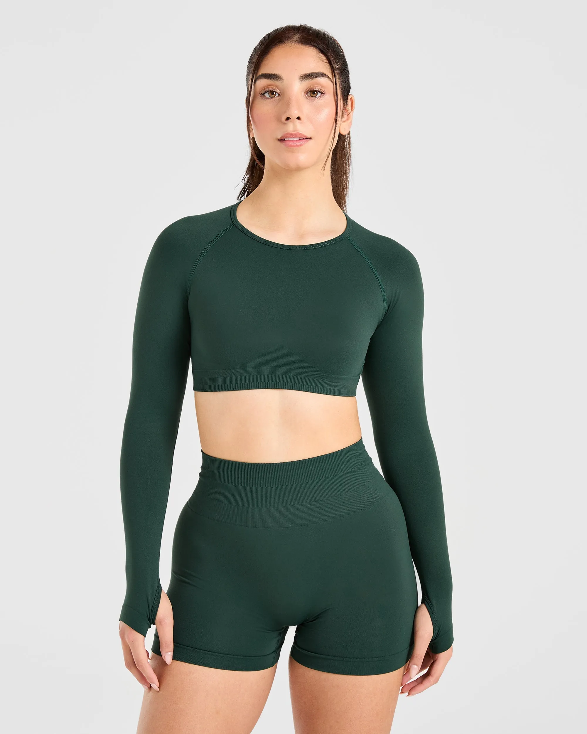 Power Seamless Long Sleeve Crop Top - Evergreen