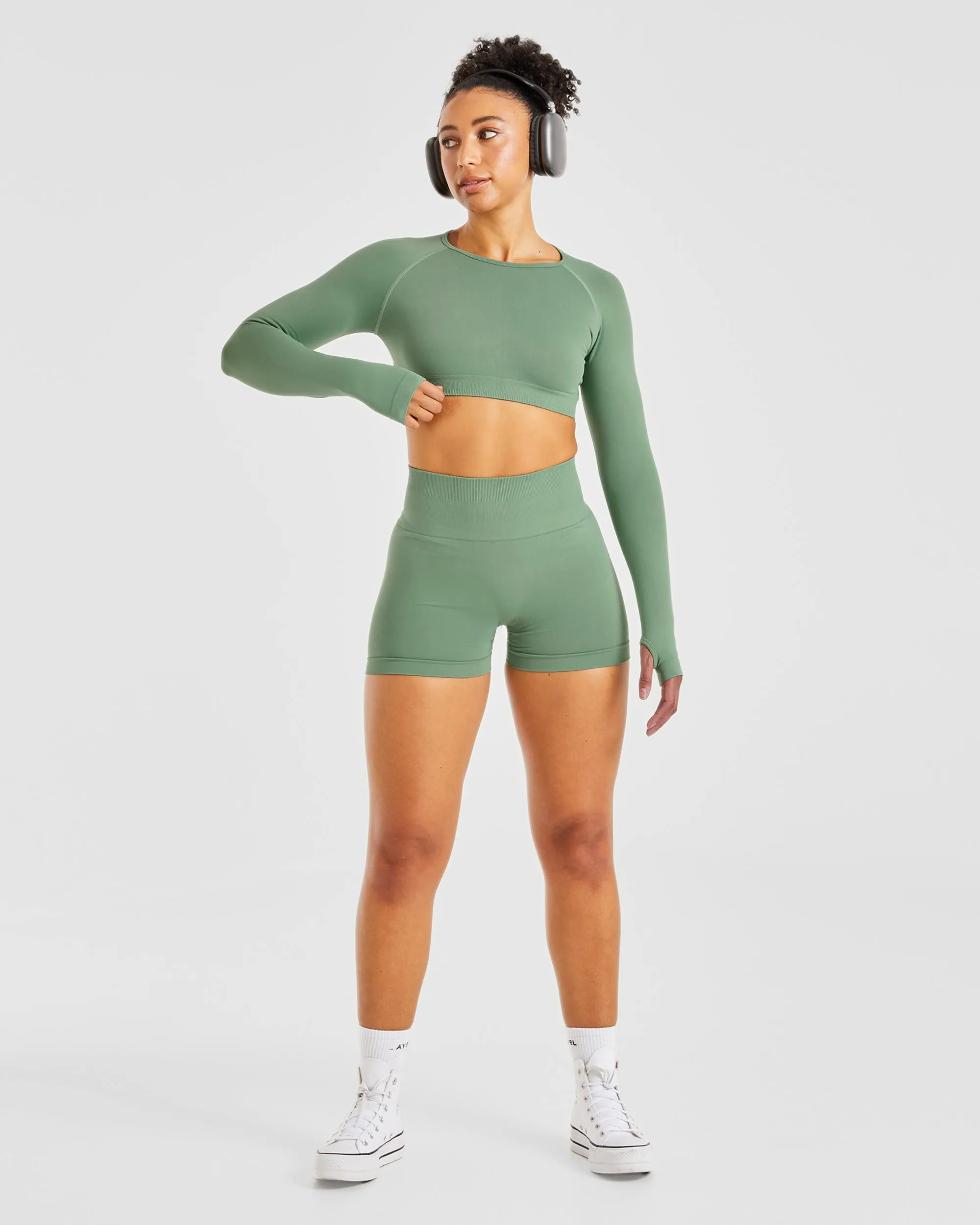 Power Seamless Long Sleeve Crop Top - Olive