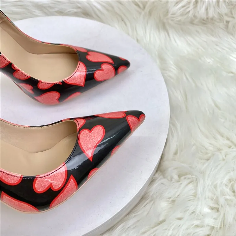 Pre Order:  Red Patent Heart Printed Pointed-Toe Shoes