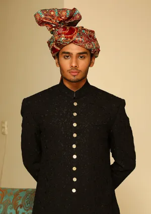 Premium Georgette Black Sherwani with Maroon Turban