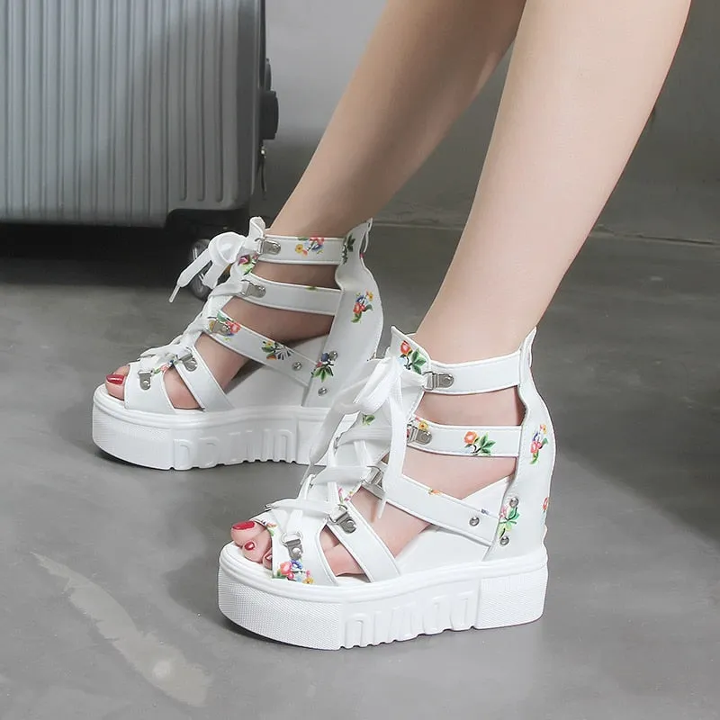 Purpdrank - INS Hot Print Leisure Wedges Women's Shoes Summer Shoes Women Sandals Platform Shoelaces High Heels Casual Shoes Woman