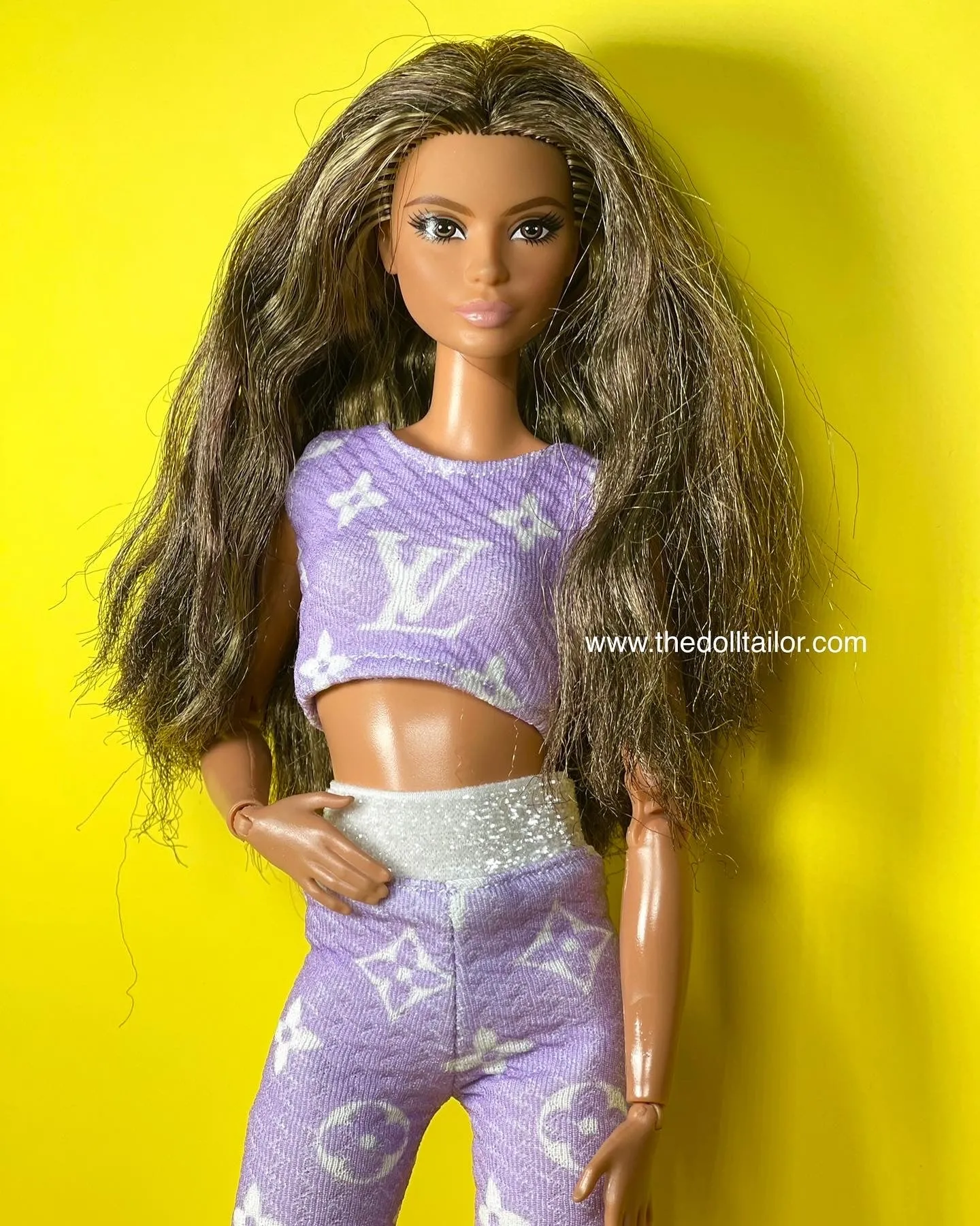 Purple leggings for fashion dolls with crop top miniature doll clothes