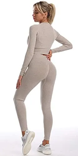 QCHENG Women's Workout Sets 2 Piece Ribbed Seamless Long Sleeve Crop Top and Leggings Set Gym Clothes Yoga Outfits