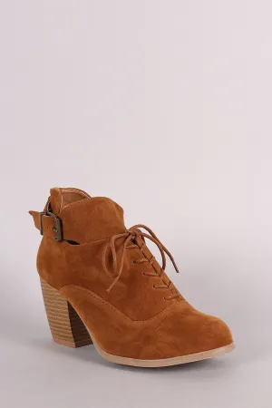 Qupid Lace Up Buckle Tongue Chunky Heel Booties