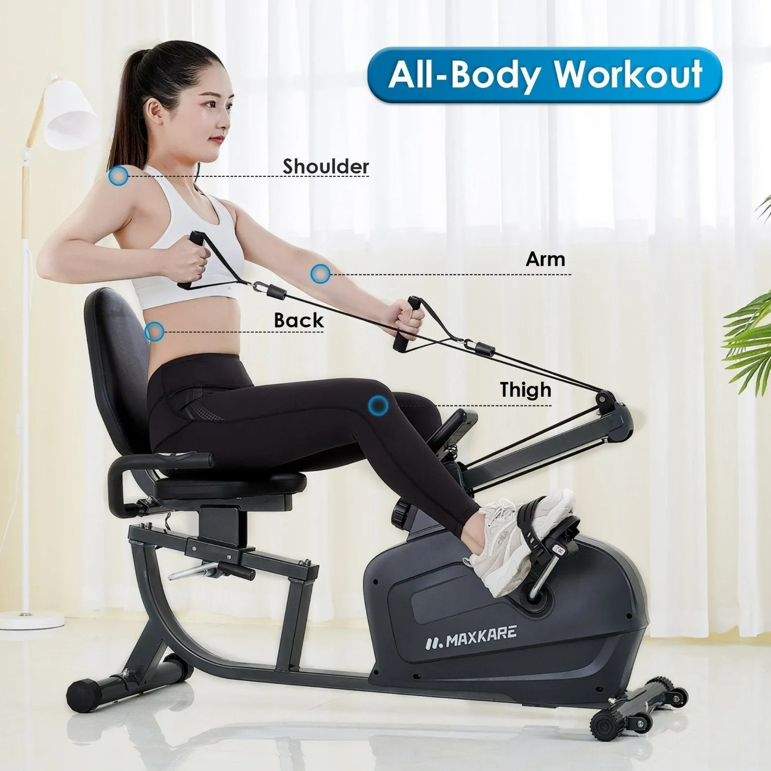 Recumbent Exercise Bike Stationary Magnetic Indoor Cycling Bike with Arm Resistance Bands/Easy Adjustable Seat/LCD Monitor/Pulse Rate Monitoring for All Ages Cardio Workout at Home