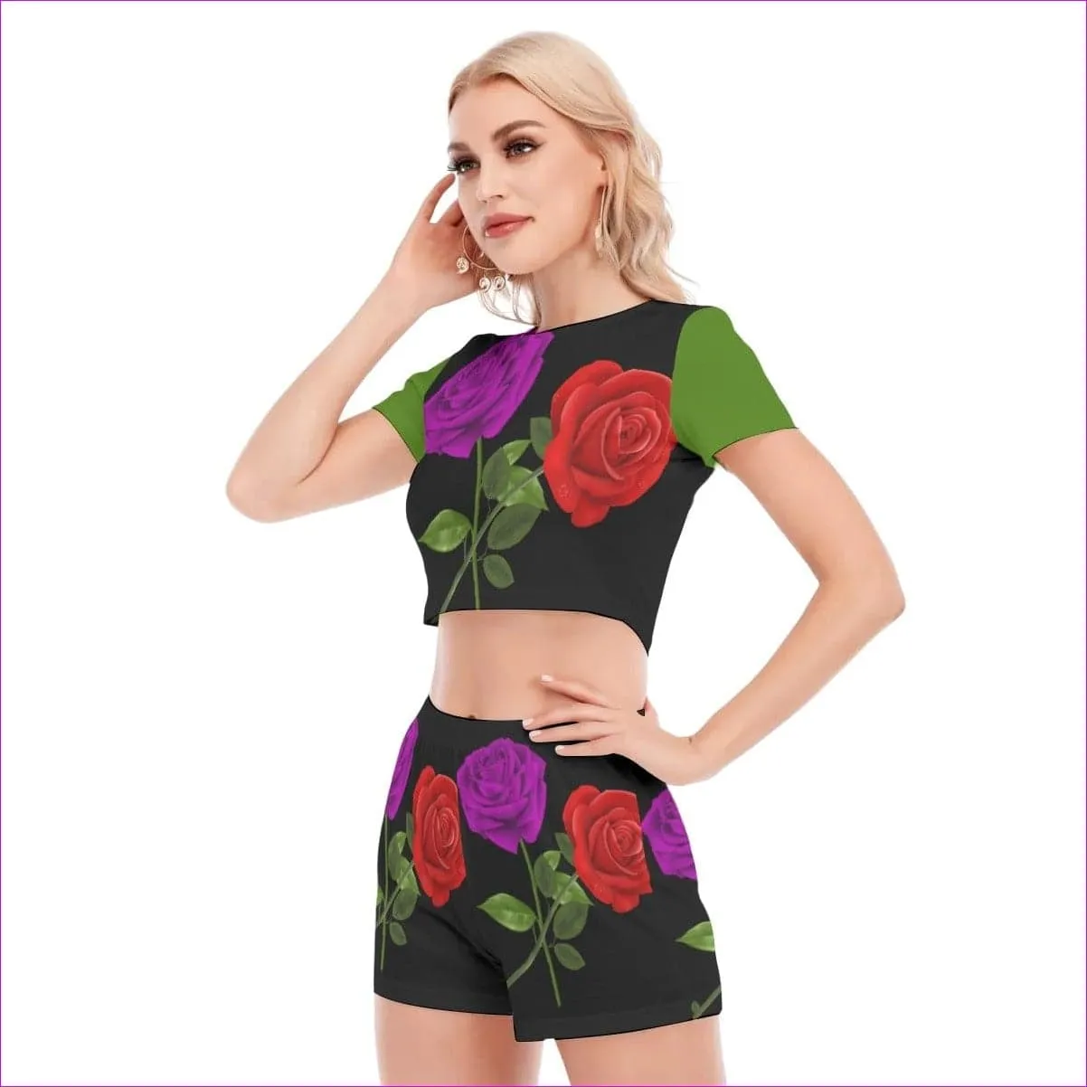 Red Rose Purp Women's Short Sleeve Cropped Top Short Set