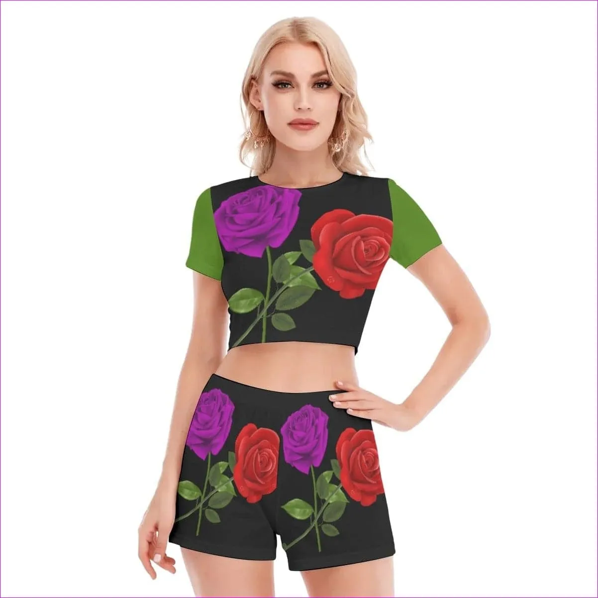 Red Rose Purp Women's Short Sleeve Cropped Top Short Set