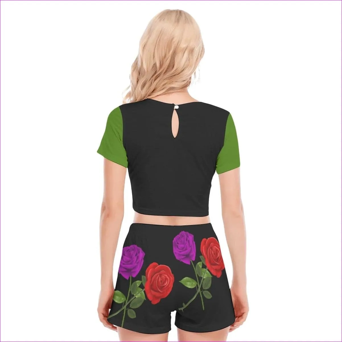 Red Rose Purp Women's Short Sleeve Cropped Top Short Set