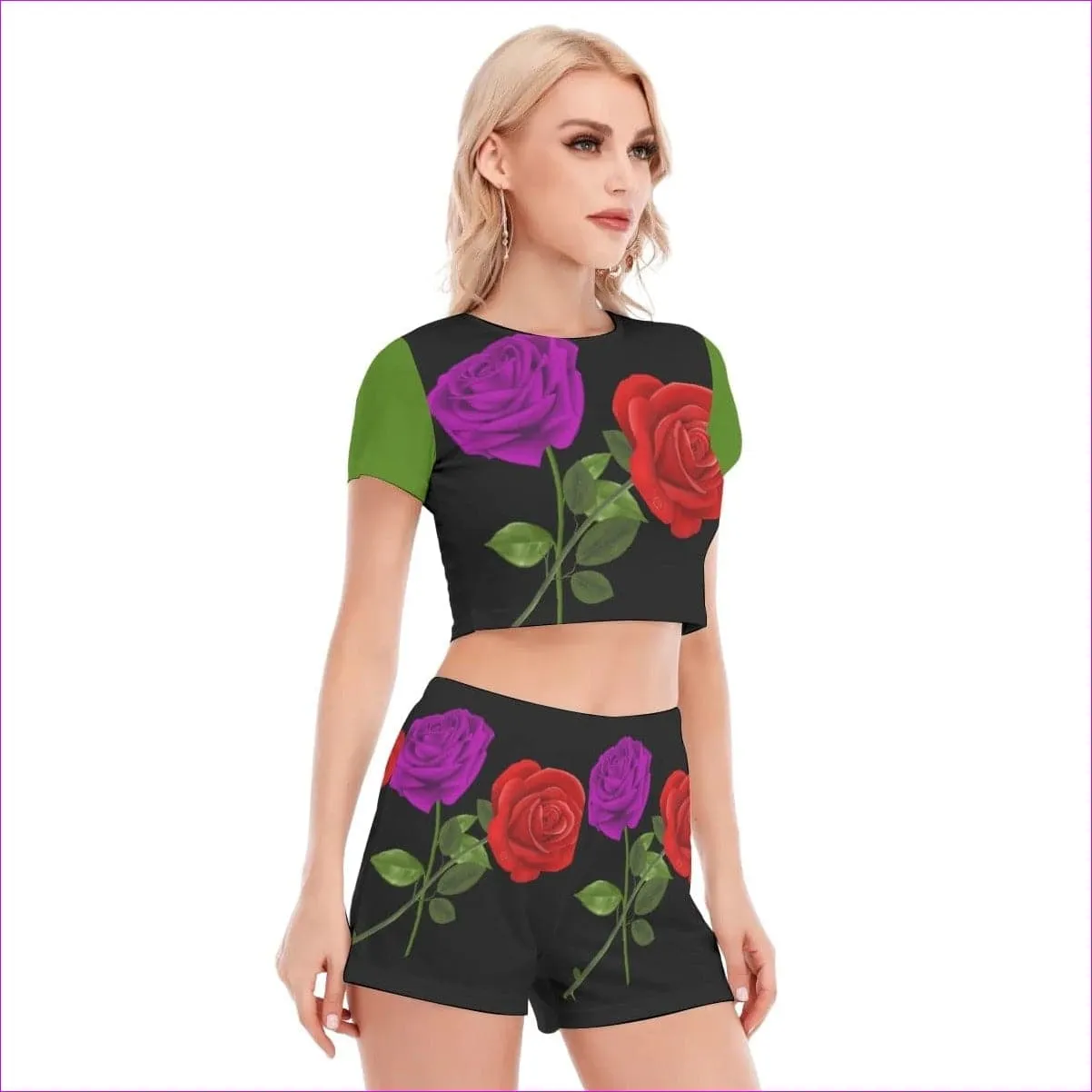 Red Rose Purp Women's Short Sleeve Cropped Top Short Set