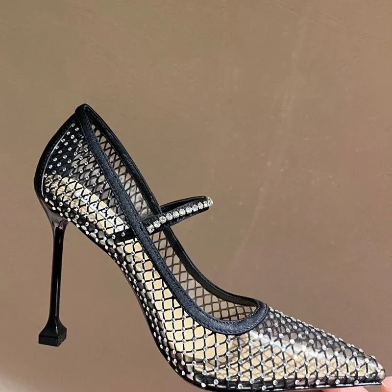 Rhinestones Mesh Pointed Toe High Heel Shoes