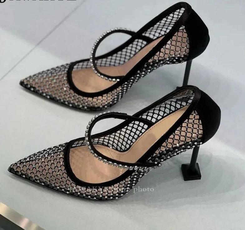 Rhinestones Mesh Pointed Toe High Heel Shoes