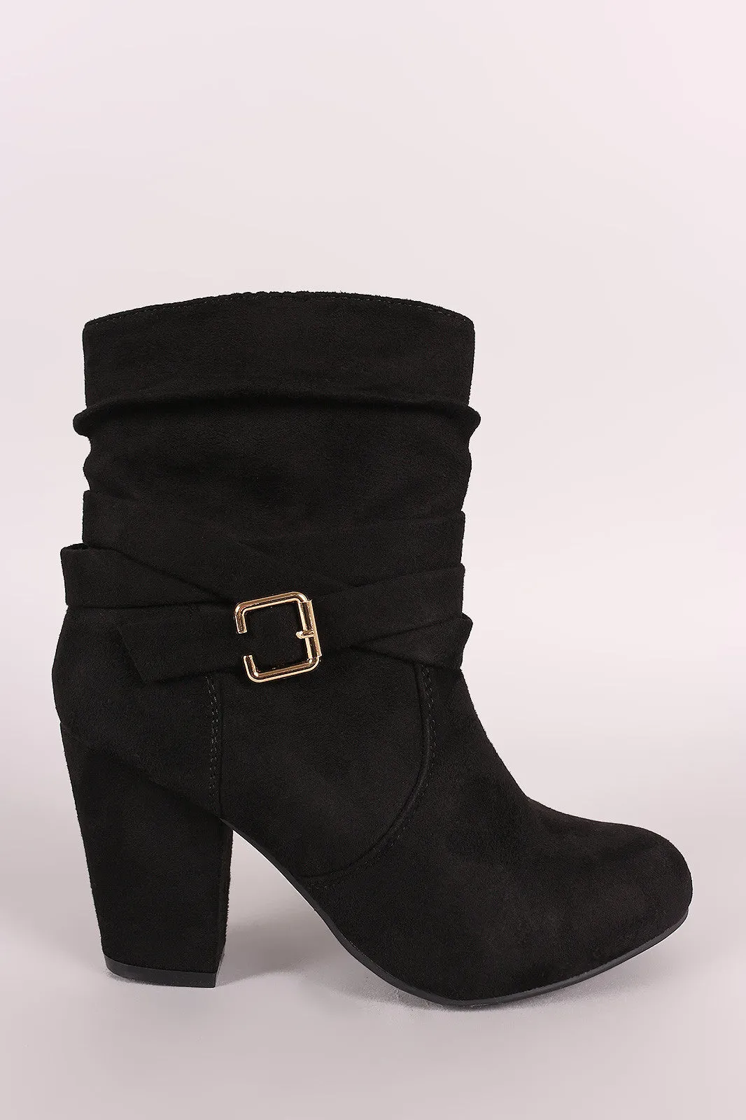 Slouchy Suede Buckled Ankle Strap Chunky Heeled Booties