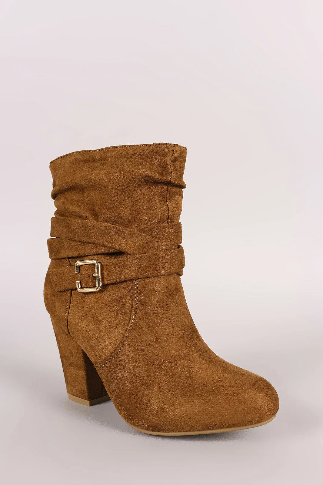 Slouchy Suede Buckled Ankle Strap Chunky Heeled Booties