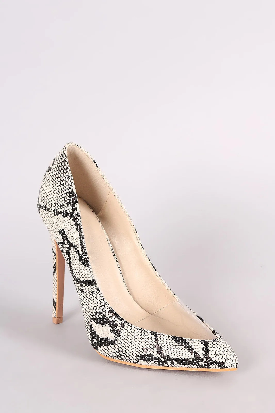 Snakeskin Pointy Toe Lucite Inset Stiletto Pump