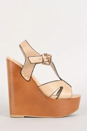 Soda Open Toe T-Strap Faux Wooden Platform Wedge