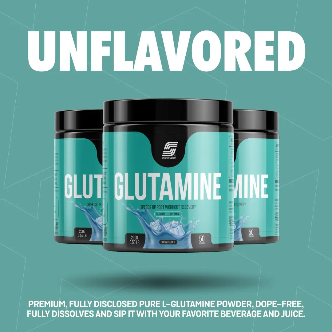 Sparkfusion L-Glutamine Powder 5000 mg (250 GM,50 Servings) For Speeds Up Post Workout Recovery Supplement | Enhanced Pumps,Digestive Health - Tested & Trusted, No Artificial Filler - Unflavored