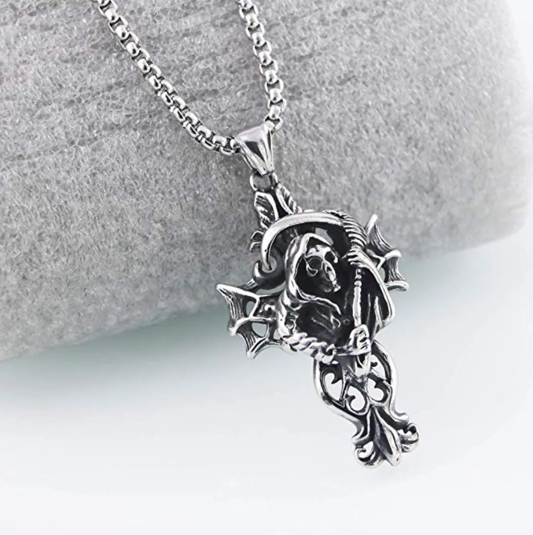 Stainless Steel Demon Grim Reaper Necklace Death Chain Gift Witch Devil Necklace Cross Scary Necklace 24in.